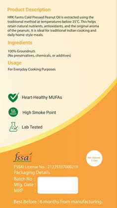 HRK Farms Cold Pressed Groundnut Oil | 100% Pure Peanut Oil | Unrefined & Zero Additives | Wood Pressed Groundnut Oil for Daily Cooking | Kachi Ghani Oil  | Groundnut Oil Oil 1 L